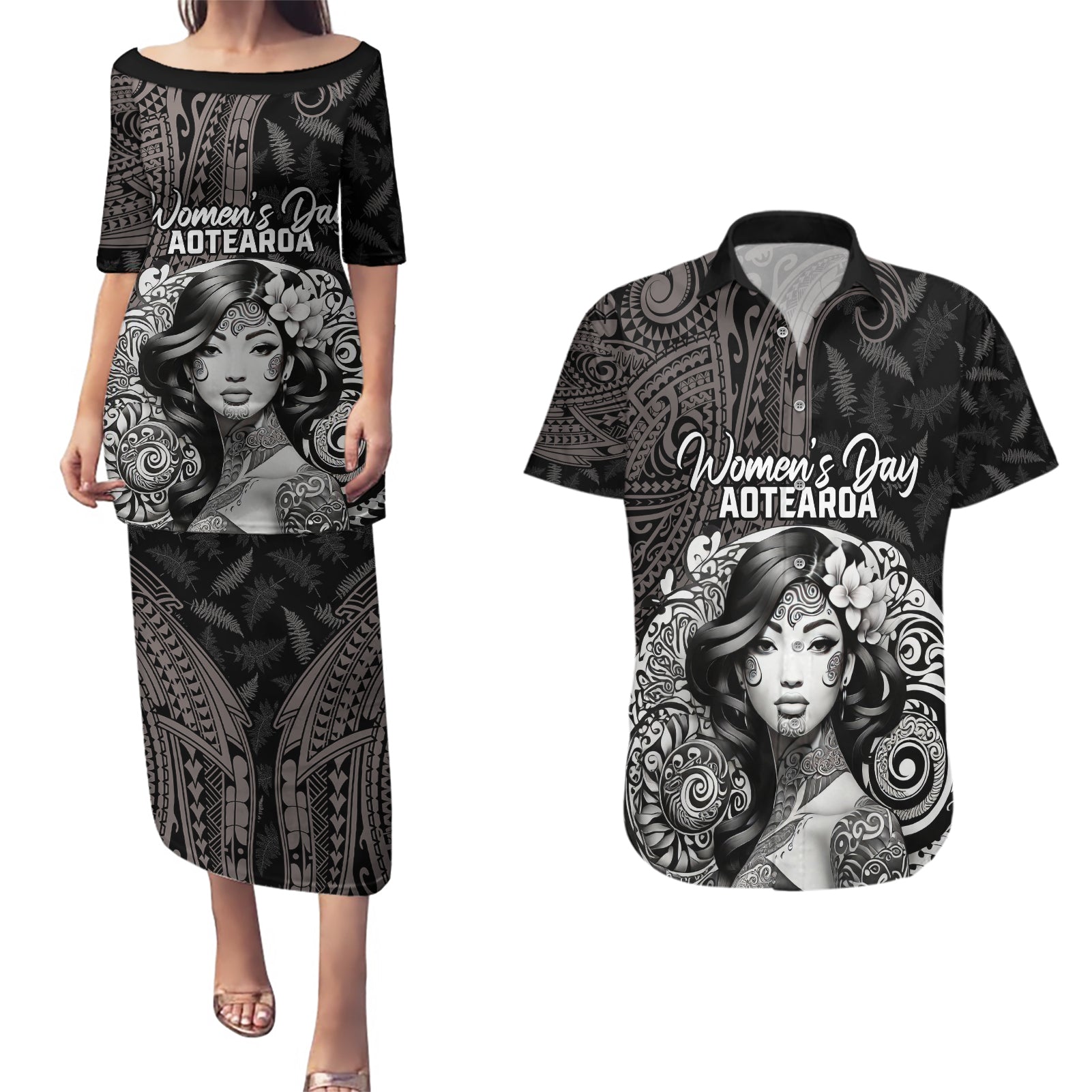 Custom New Zealand Women's Day Couples Matching Puletasi and Hawaiian Shirt Maori Tribal Girl and Silver Fern Pattern LT03 Black - Polynesian Pride