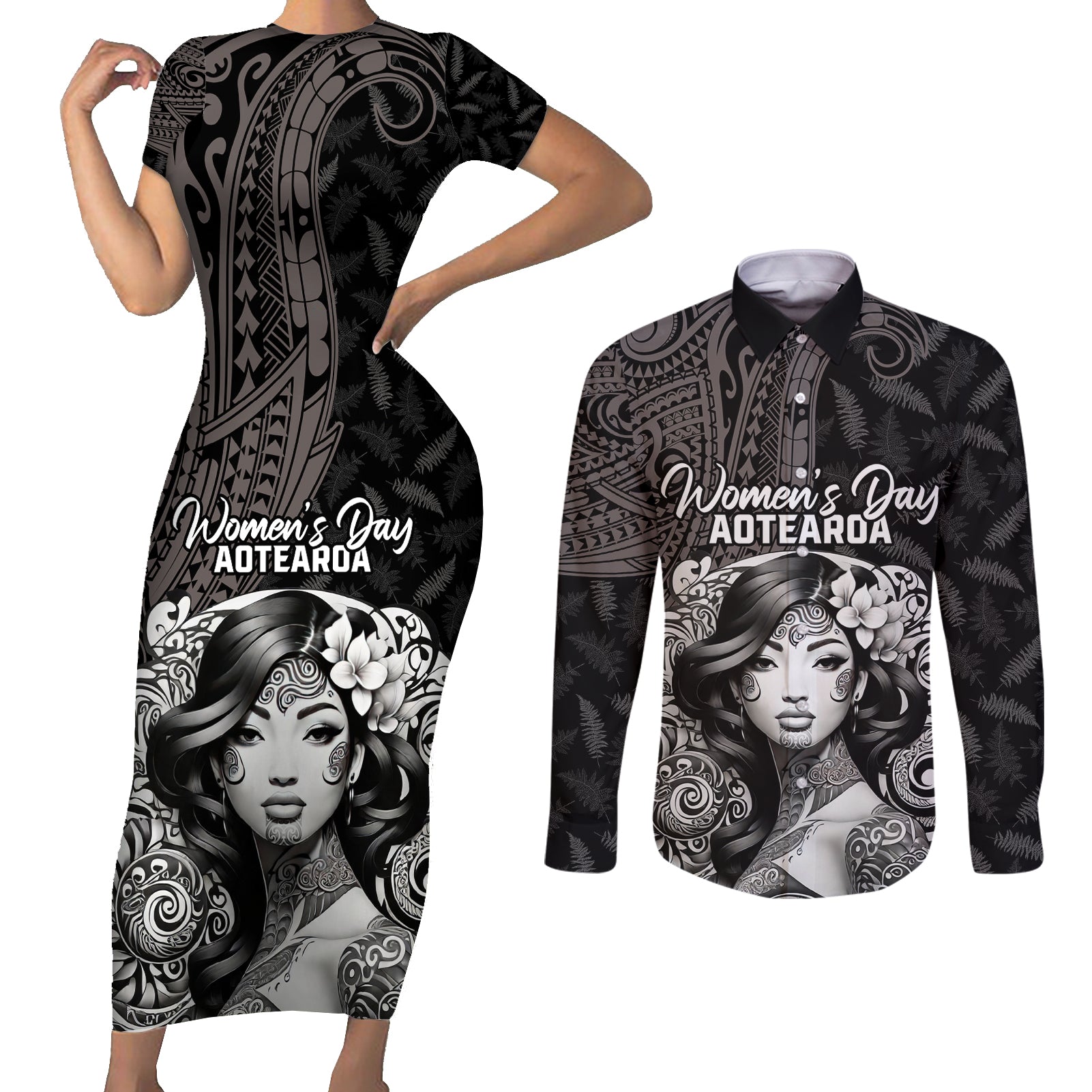 Custom New Zealand Women's Day Couples Matching Short Sleeve Bodycon Dress and Long Sleeve Button Shirt Maori Tribal Girl and Silver Fern Pattern LT03 Black - Polynesian Pride