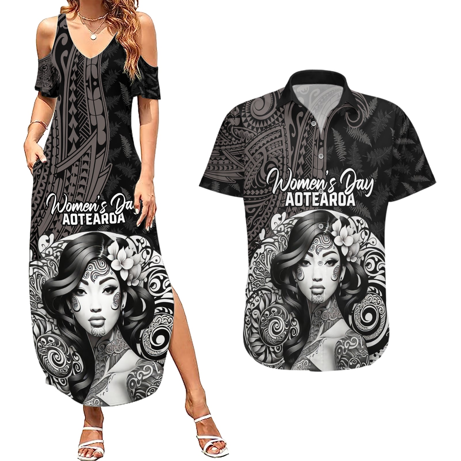 Custom New Zealand Women's Day Couples Matching Summer Maxi Dress and Hawaiian Shirt Maori Tribal Girl and Silver Fern Pattern LT03 Black - Polynesian Pride