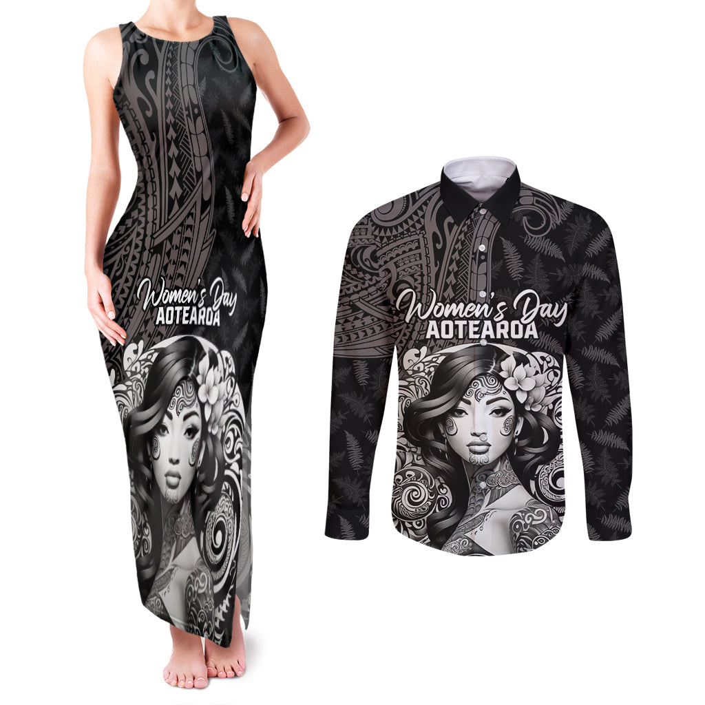 Custom New Zealand Women's Day Couples Matching Tank Maxi Dress and Long Sleeve Button Shirt Maori Tribal Girl and Silver Fern Pattern LT03 Black - Polynesian Pride