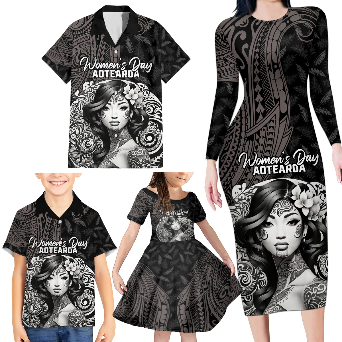 Custom New Zealand Women's Day Family Matching Long Sleeve Bodycon Dress and Hawaiian Shirt Maori Tribal Girl and Silver Fern Pattern LT03 - Polynesian Pride