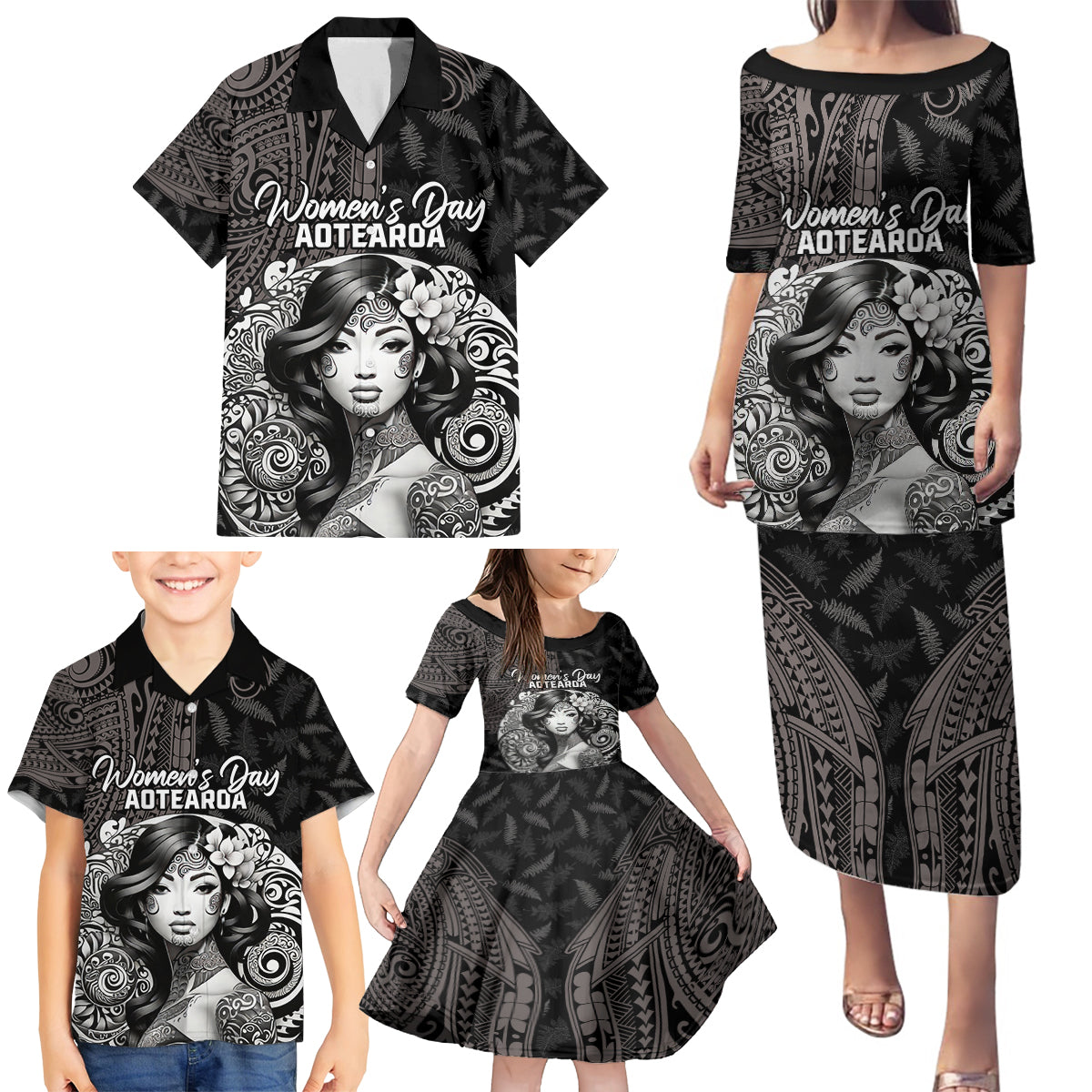 Custom New Zealand Women's Day Family Matching Puletasi and Hawaiian Shirt Maori Tribal Girl and Silver Fern Pattern LT03 - Polynesian Pride