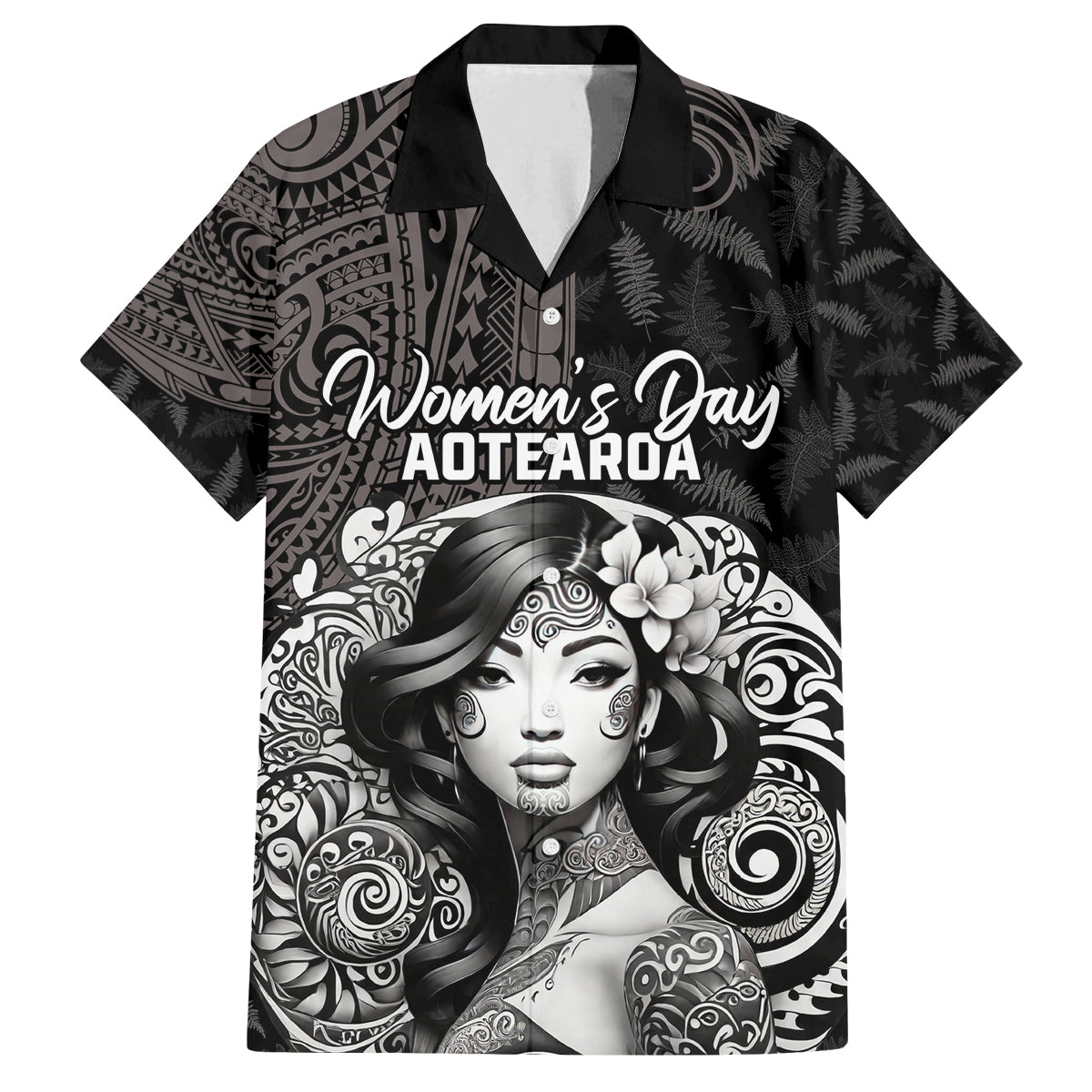 Custom New Zealand Women's Day Family Matching Puletasi and Hawaiian Shirt Maori Tribal Girl and Silver Fern Pattern LT03 Dad's Shirt - Short Sleeve Black - Polynesian Pride