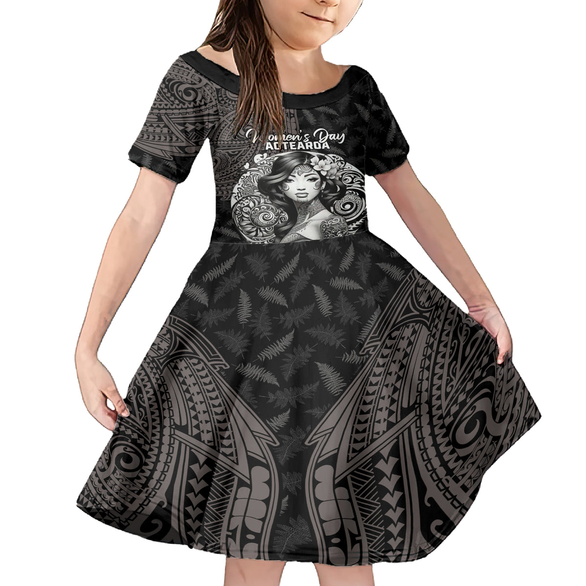 Custom New Zealand Women's Day Family Matching Short Sleeve Bodycon Dress and Hawaiian Shirt Maori Tribal Girl and Silver Fern Pattern LT03 Daughter's Dress Black - Polynesian Pride