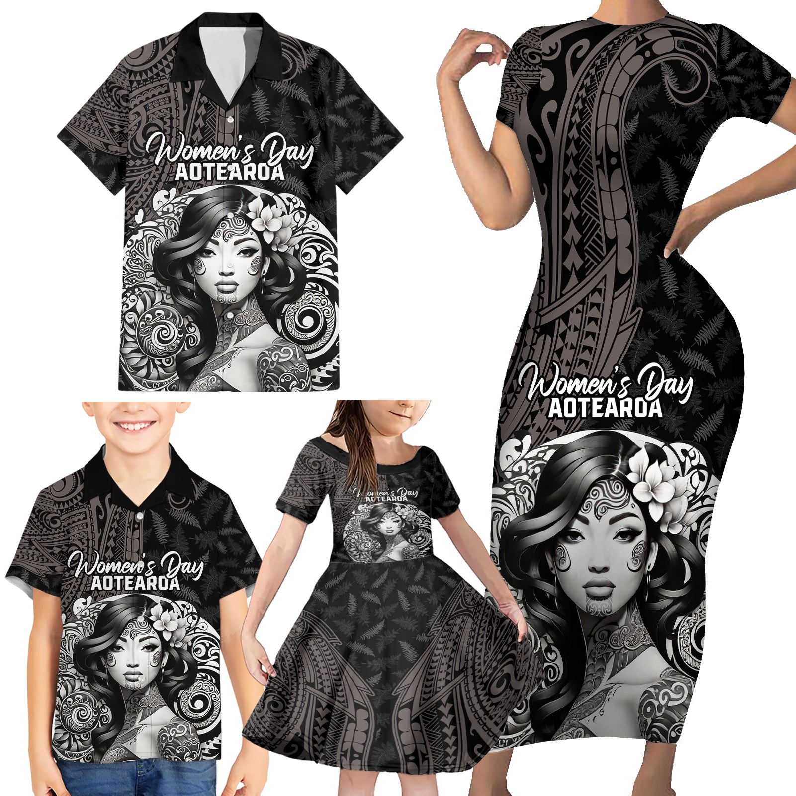 Custom New Zealand Women's Day Family Matching Short Sleeve Bodycon Dress and Hawaiian Shirt Maori Tribal Girl and Silver Fern Pattern LT03 - Polynesian Pride