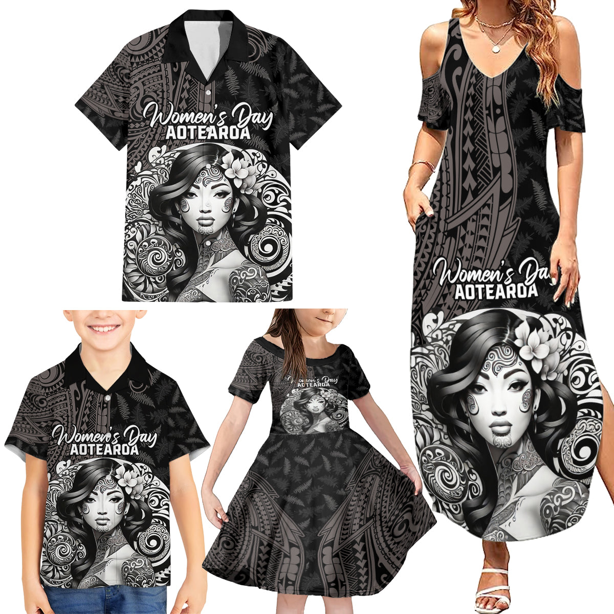 Custom New Zealand Women's Day Family Matching Summer Maxi Dress and Hawaiian Shirt Maori Tribal Girl and Silver Fern Pattern LT03 - Polynesian Pride