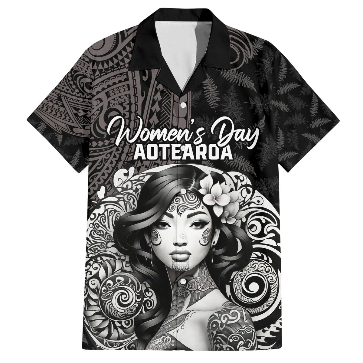 Custom New Zealand Women's Day Hawaiian Shirt Maori Tribal Girl and Silver Fern Pattern LT03 Black - Polynesian Pride