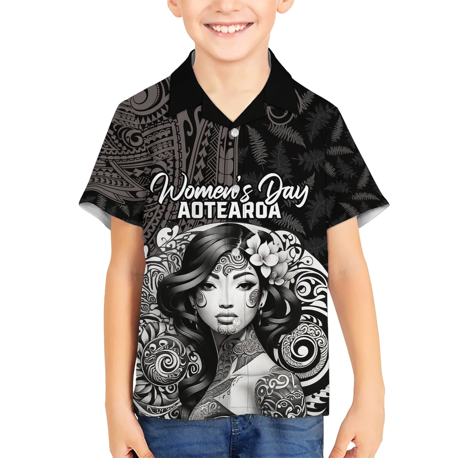 Custom New Zealand Women's Day Kid Hawaiian Shirt Maori Tribal Girl and Silver Fern Pattern LT03 Kid Black - Polynesian Pride