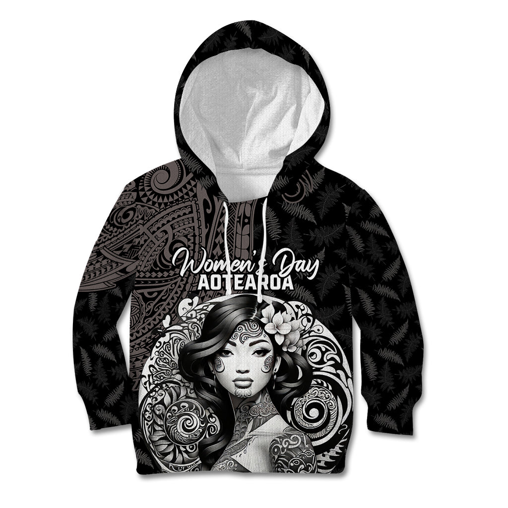 Custom New Zealand Women's Day Kid Hoodie Maori Tribal Girl and Silver Fern Pattern LT03 Hoodie Black - Polynesian Pride