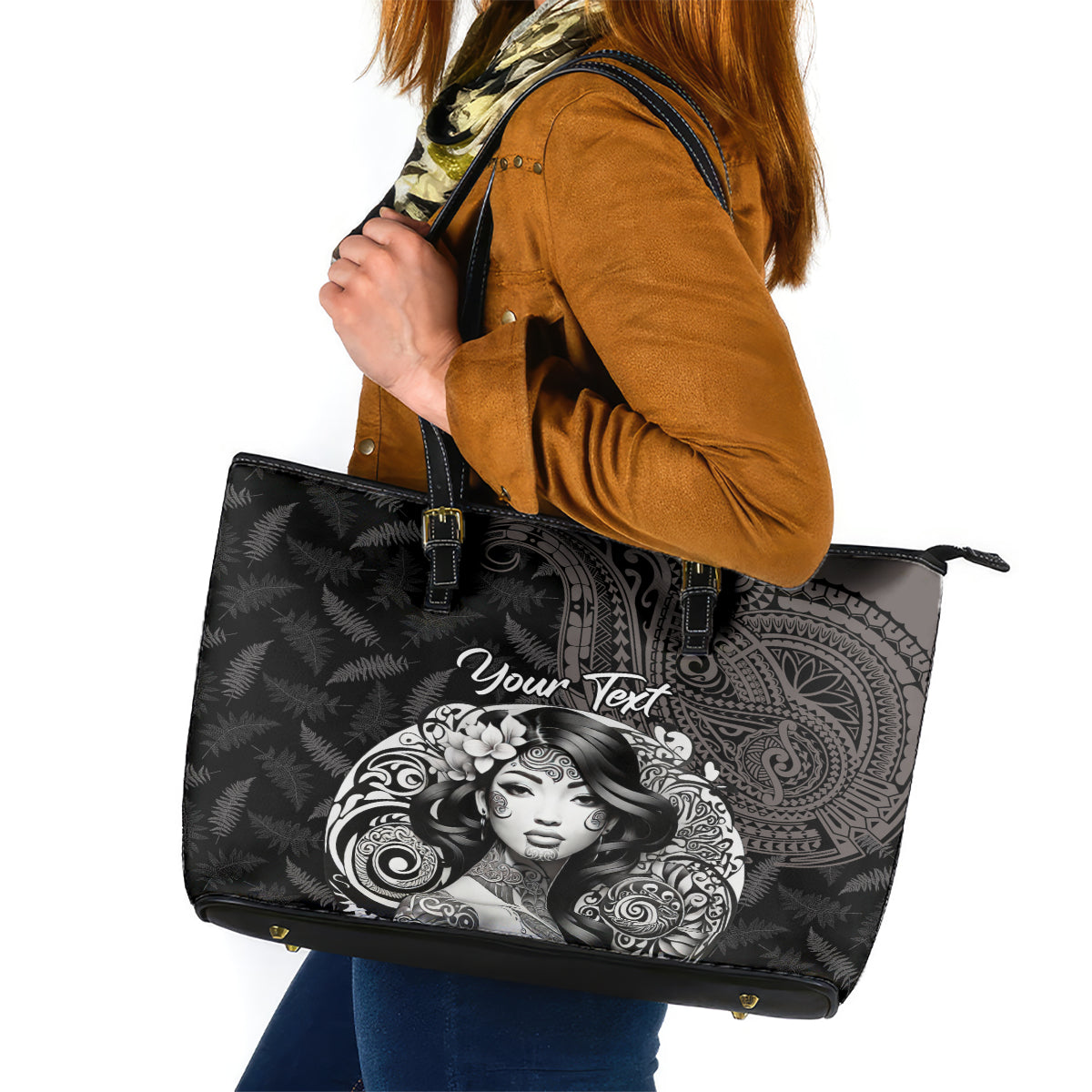 Custom New Zealand Women's Day Leather Tote Bag Maori Tribal Girl and Silver Fern Pattern LT03 Black - Polynesian Pride