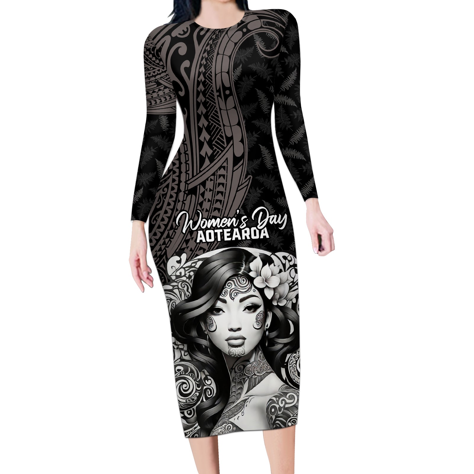 Custom New Zealand Women's Day Long Sleeve Bodycon Dress Maori Tribal Girl and Silver Fern Pattern LT03 Long Dress Black - Polynesian Pride