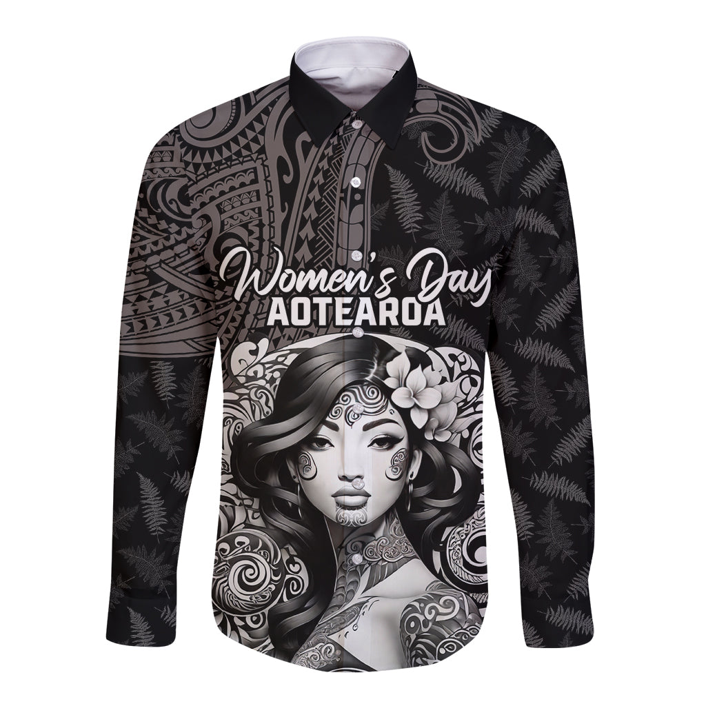 Custom New Zealand Women's Day Long Sleeve Button Shirt Maori Tribal Girl and Silver Fern Pattern LT03 Unisex Black - Polynesian Pride