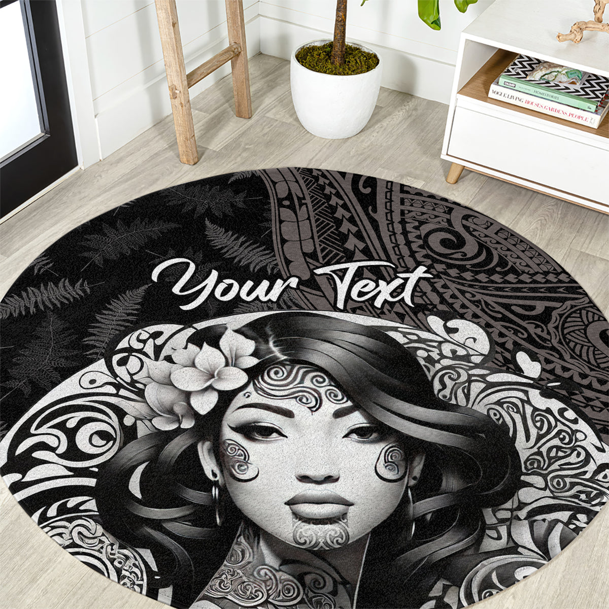 Custom New Zealand Women's Day Round Carpet Maori Tribal Girl and Silver Fern Pattern