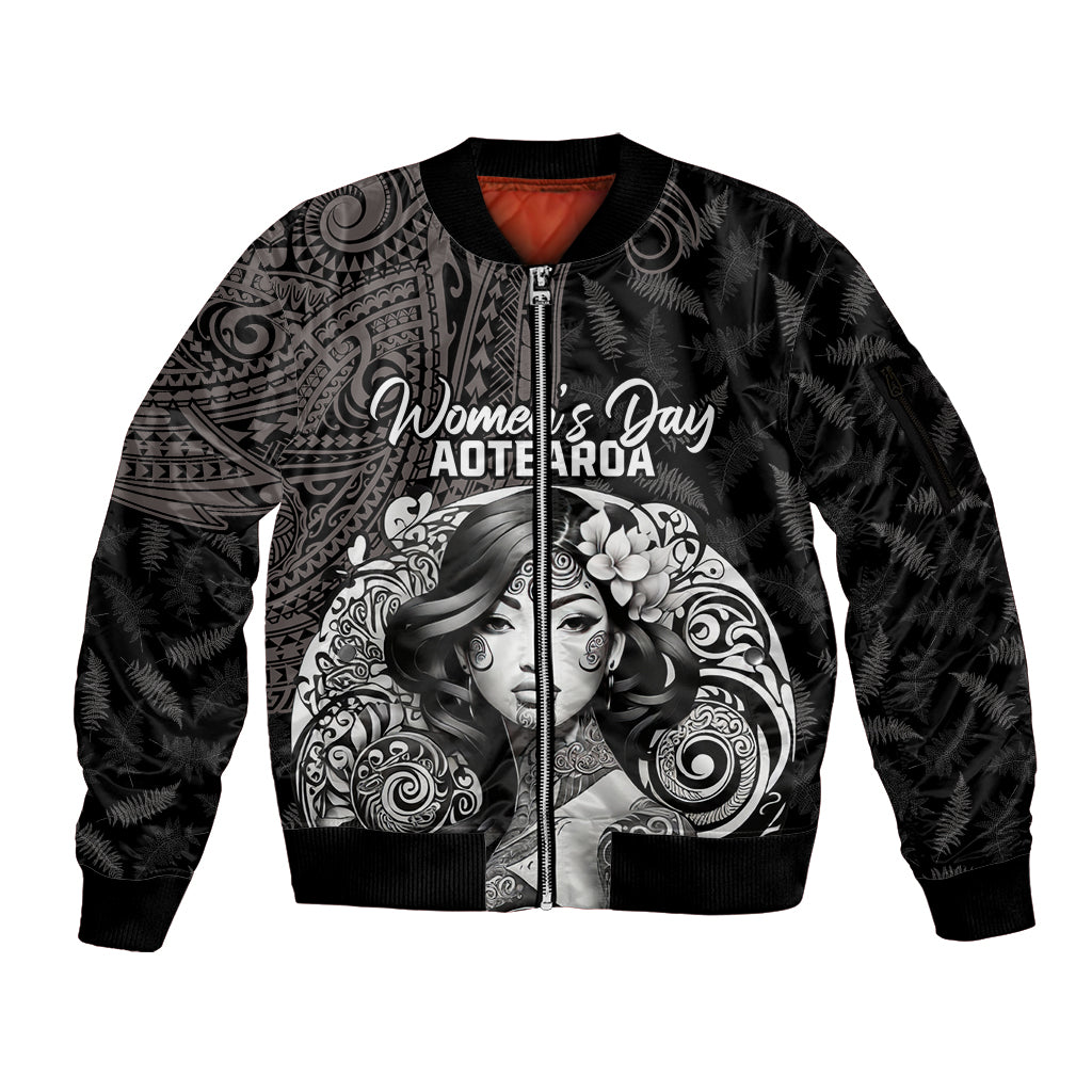 Custom New Zealand Women's Day Sleeve Zip Bomber Jacket Maori Tribal Girl and Silver Fern Pattern LT03 Unisex Black - Polynesian Pride