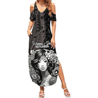Custom New Zealand Women's Day Summer Maxi Dress Maori Tribal Girl and Silver Fern Pattern LT03 Women Black - Polynesian Pride