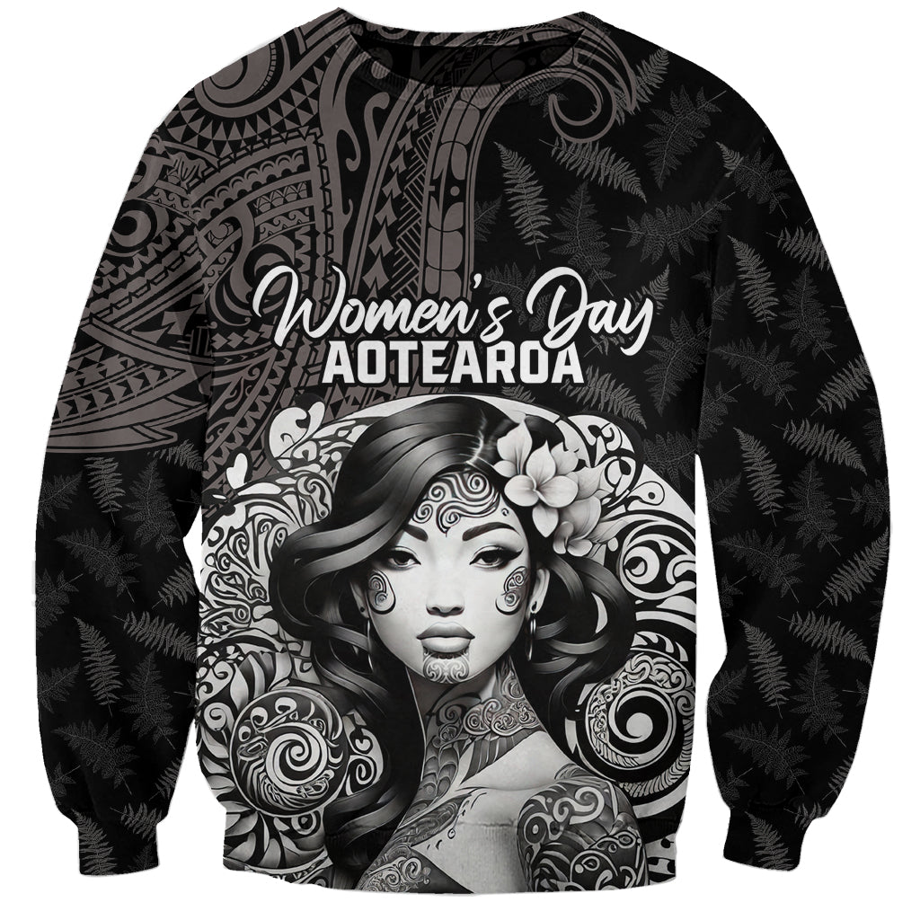 Custom New Zealand Women's Day Sweatshirt Maori Tribal Girl and Silver Fern Pattern LT03 Unisex Black - Polynesian Pride