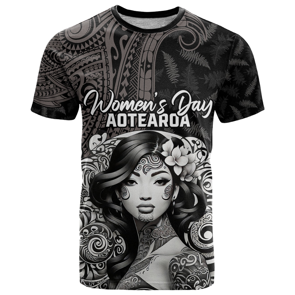 Custom New Zealand Women's Day T Shirt Maori Tribal Girl and Silver Fern Pattern LT03 Black - Polynesian Pride