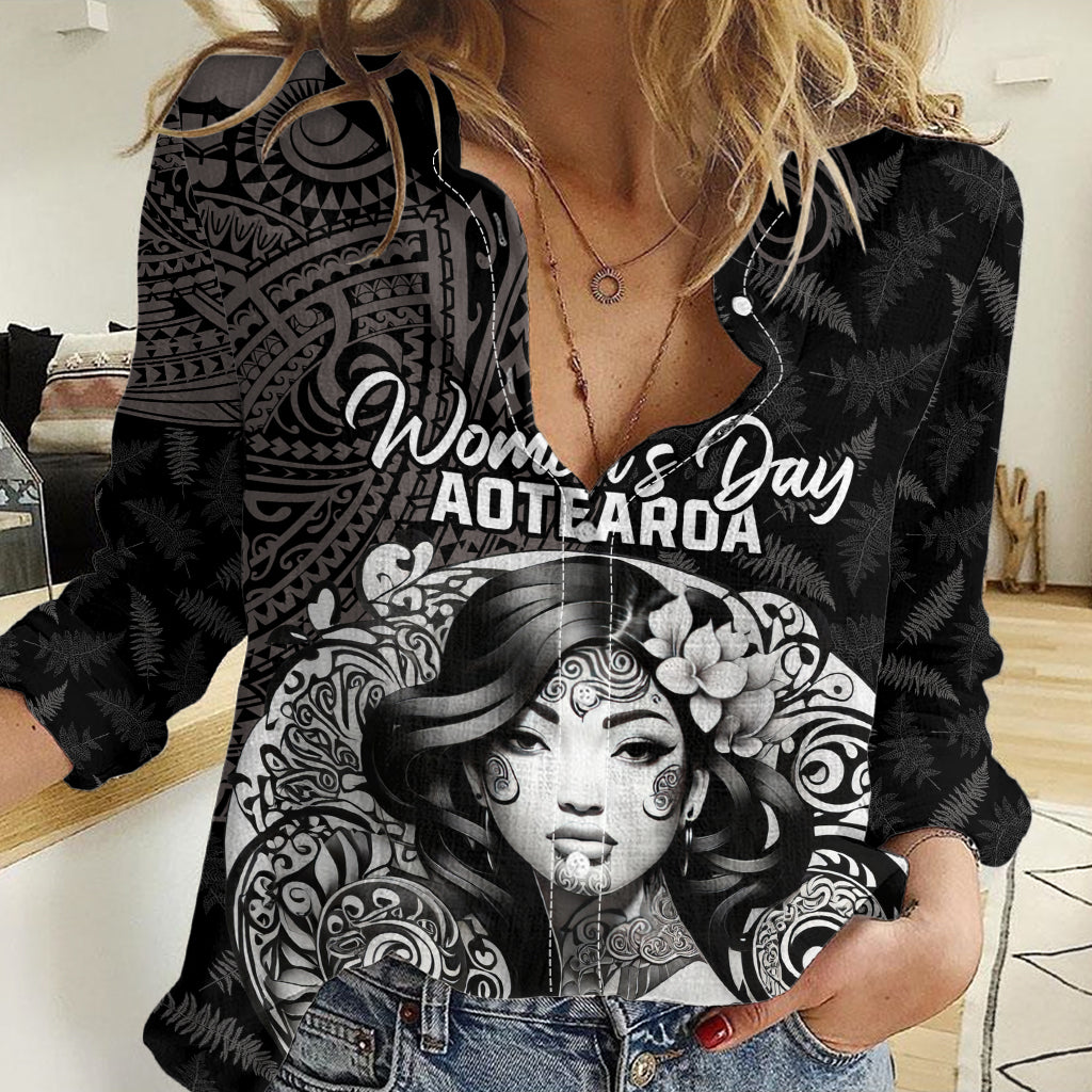 Custom New Zealand Women's Day Women Casual Shirt Maori Tribal Girl and Silver Fern Pattern LT03 Female Black - Polynesian Pride