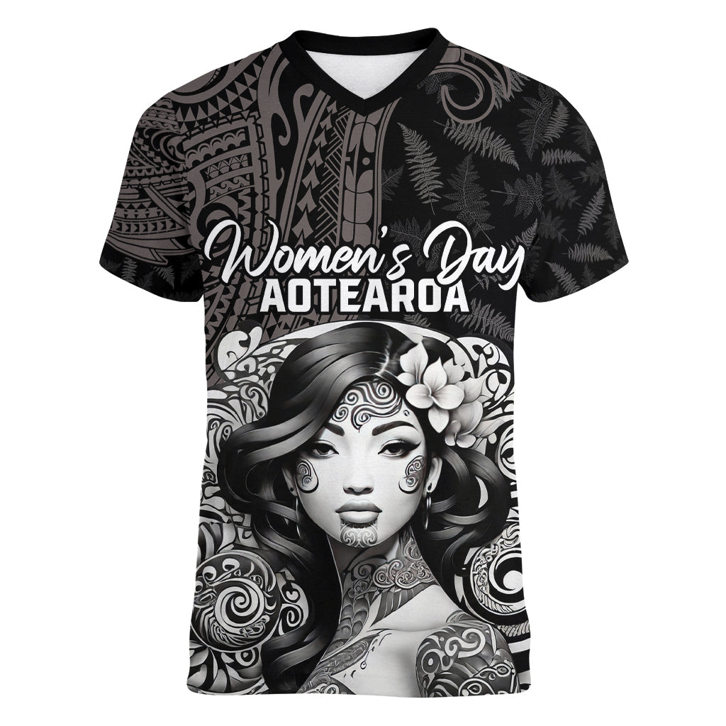 Custom New Zealand Women's Day Women V Neck T Shirt Maori Tribal Girl and Silver Fern Pattern LT03 Female Black - Polynesian Pride