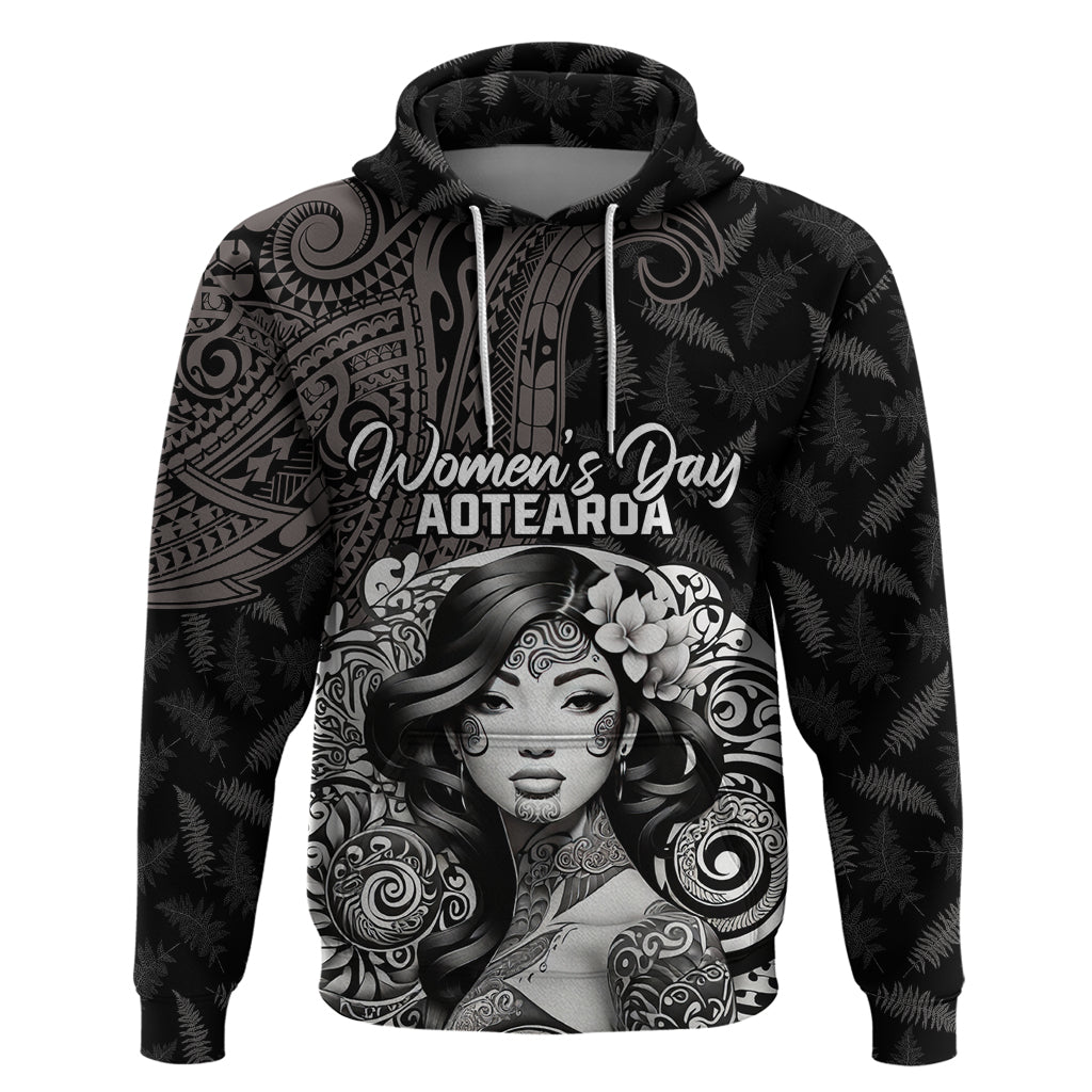 Custom New Zealand Women's Day Zip Hoodie Maori Tribal Girl and Silver Fern Pattern LT03 Pullover Hoodie Black - Polynesian Pride