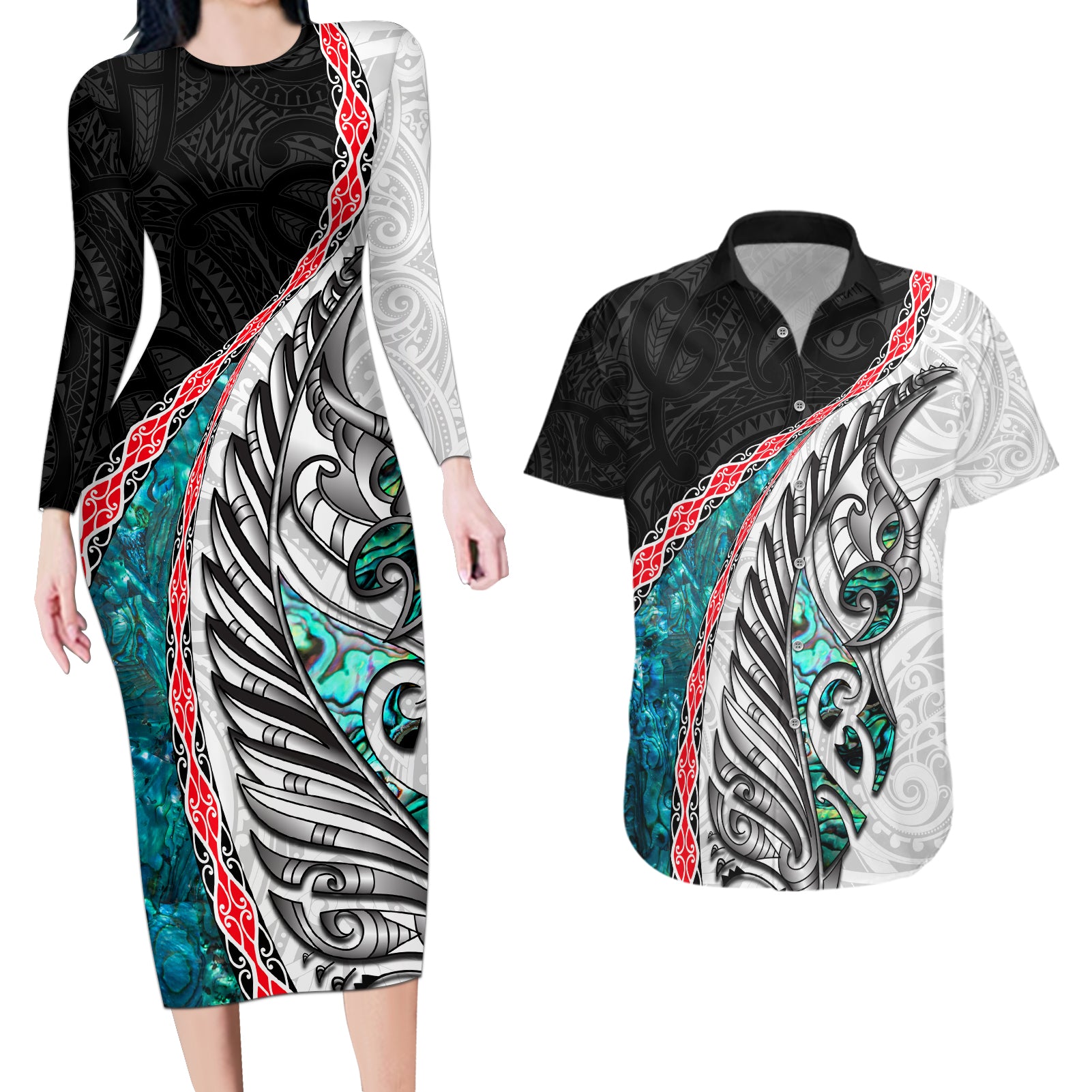 New Zealand Couples Matching Long Sleeve Bodycon Dress and Hawaiian Shirt Manaia Fern and Koru Maori Pattern LT03 Black - Polynesian Pride