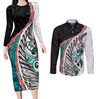 New Zealand Couples Matching Long Sleeve Bodycon Dress and Long Sleeve Button Shirt Manaia Fern and Koru Maori Pattern LT03 Black - Polynesian Pride