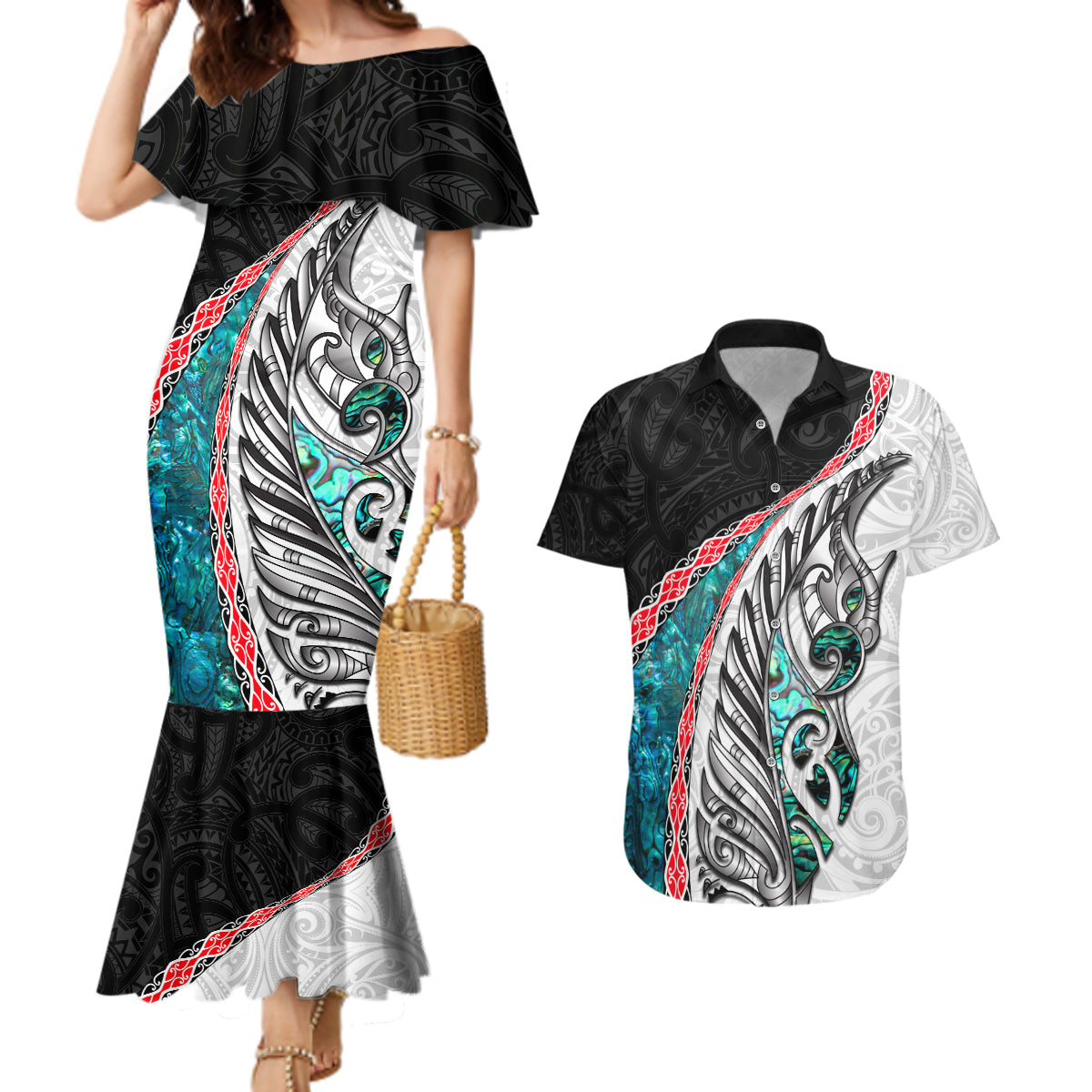 New Zealand Couples Matching Mermaid Dress and Hawaiian Shirt Manaia Fern and Koru Maori Pattern LT03 Black - Polynesian Pride