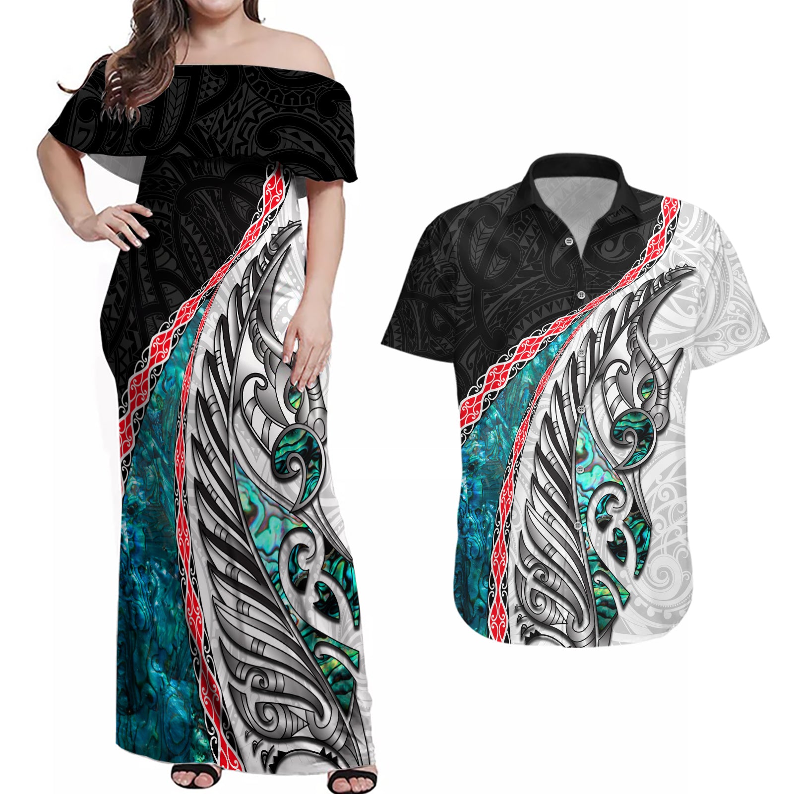 New Zealand Couples Matching Off Shoulder Maxi Dress and Hawaiian Shirt Manaia Fern and Koru Maori Pattern LT03 Black - Polynesian Pride