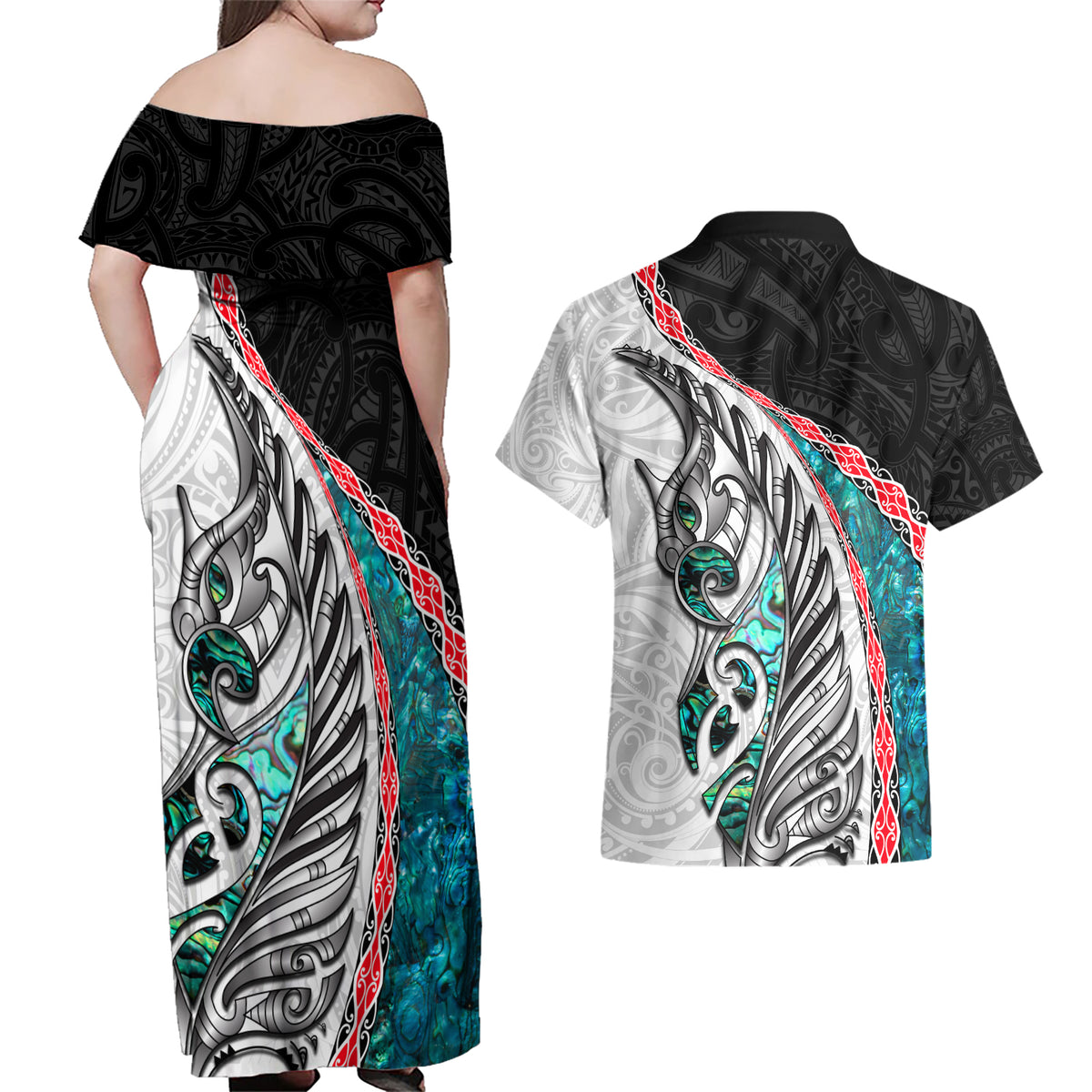 New Zealand Couples Matching Off Shoulder Maxi Dress and Hawaiian Shirt Manaia Fern and Koru Maori Pattern LT03 - Polynesian Pride