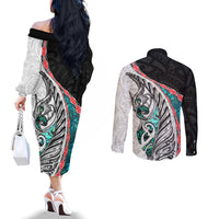 New Zealand Couples Matching Off The Shoulder Long Sleeve Dress and Long Sleeve Button Shirt Manaia Fern and Koru Maori Pattern LT03 - Polynesian Pride