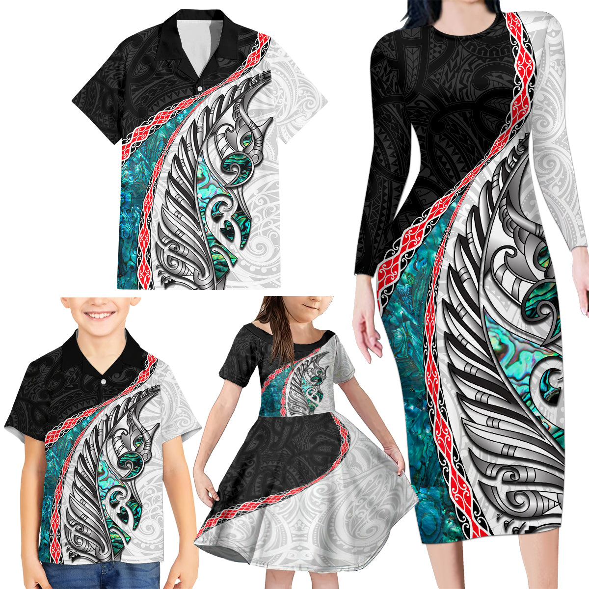 New Zealand Family Matching Long Sleeve Bodycon Dress and Hawaiian Shirt Manaia Fern and Koru Maori Pattern LT03 - Polynesian Pride