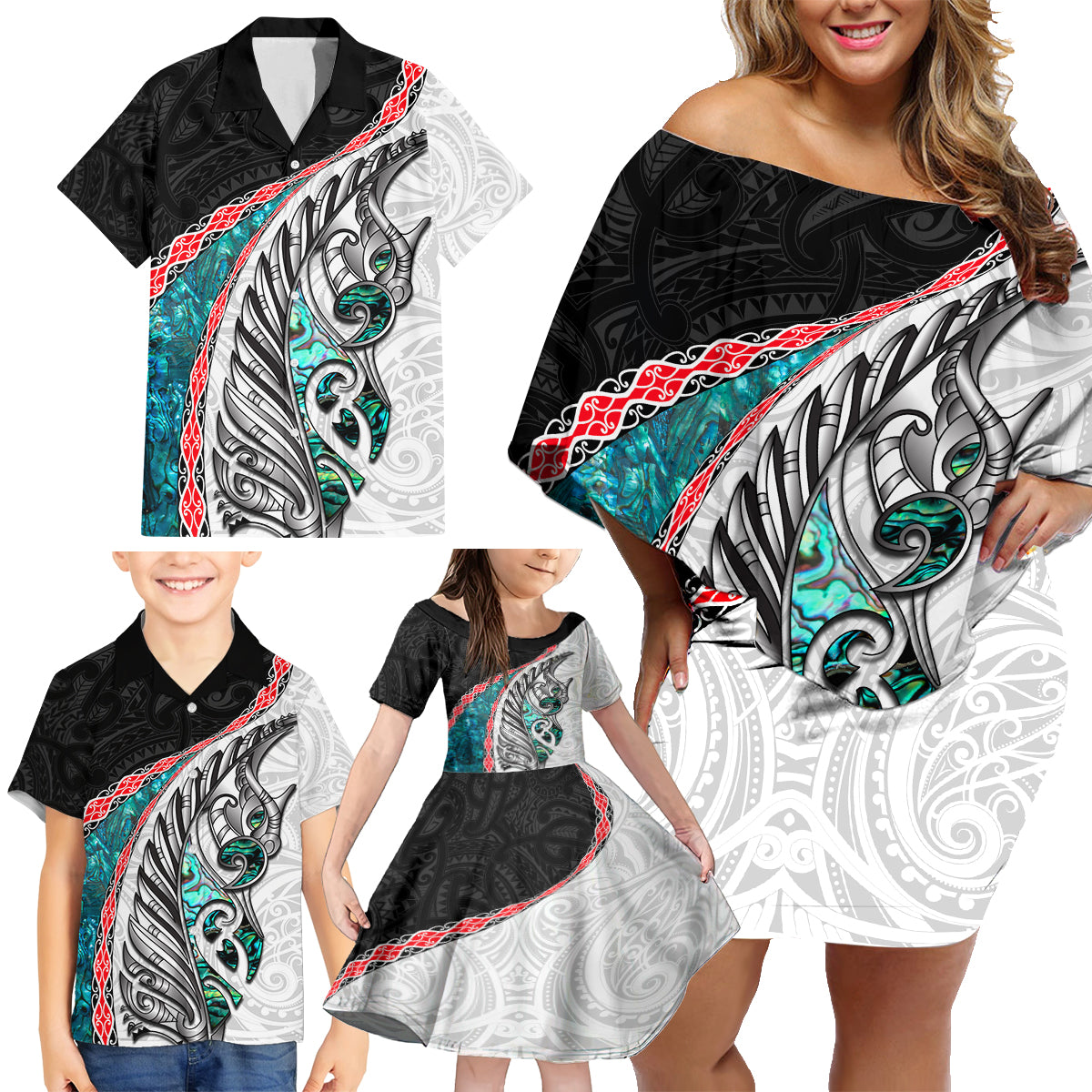 New Zealand Family Matching Off Shoulder Short Dress and Hawaiian Shirt Manaia Fern and Koru Maori Pattern LT03 - Polynesian Pride