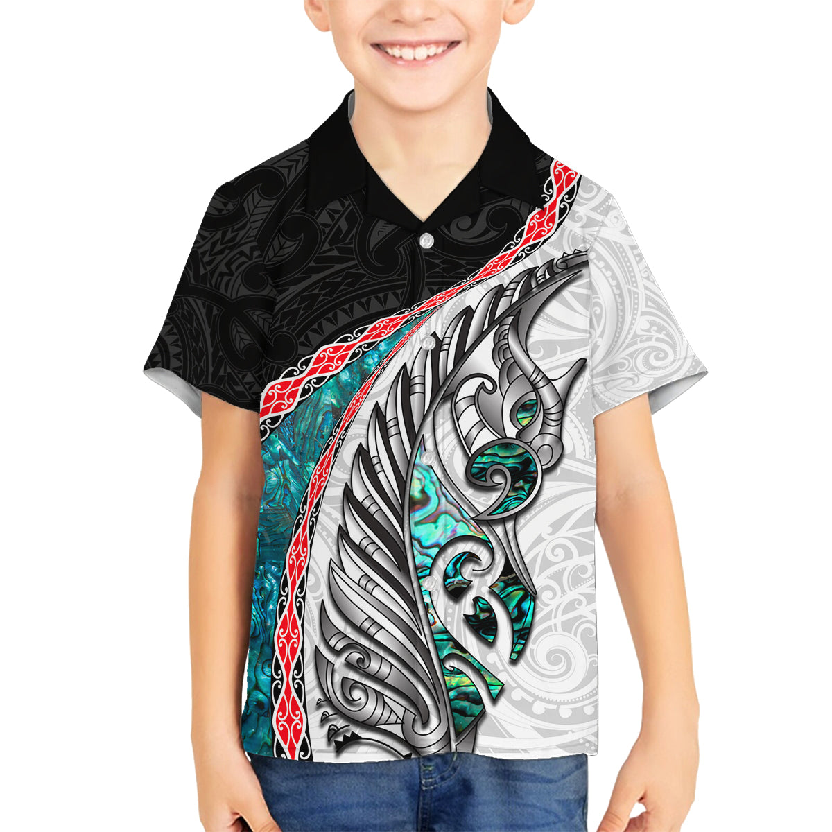 New Zealand Family Matching Puletasi and Hawaiian Shirt Manaia Fern and Koru Maori Pattern LT03 Son's Shirt Black - Polynesian Pride