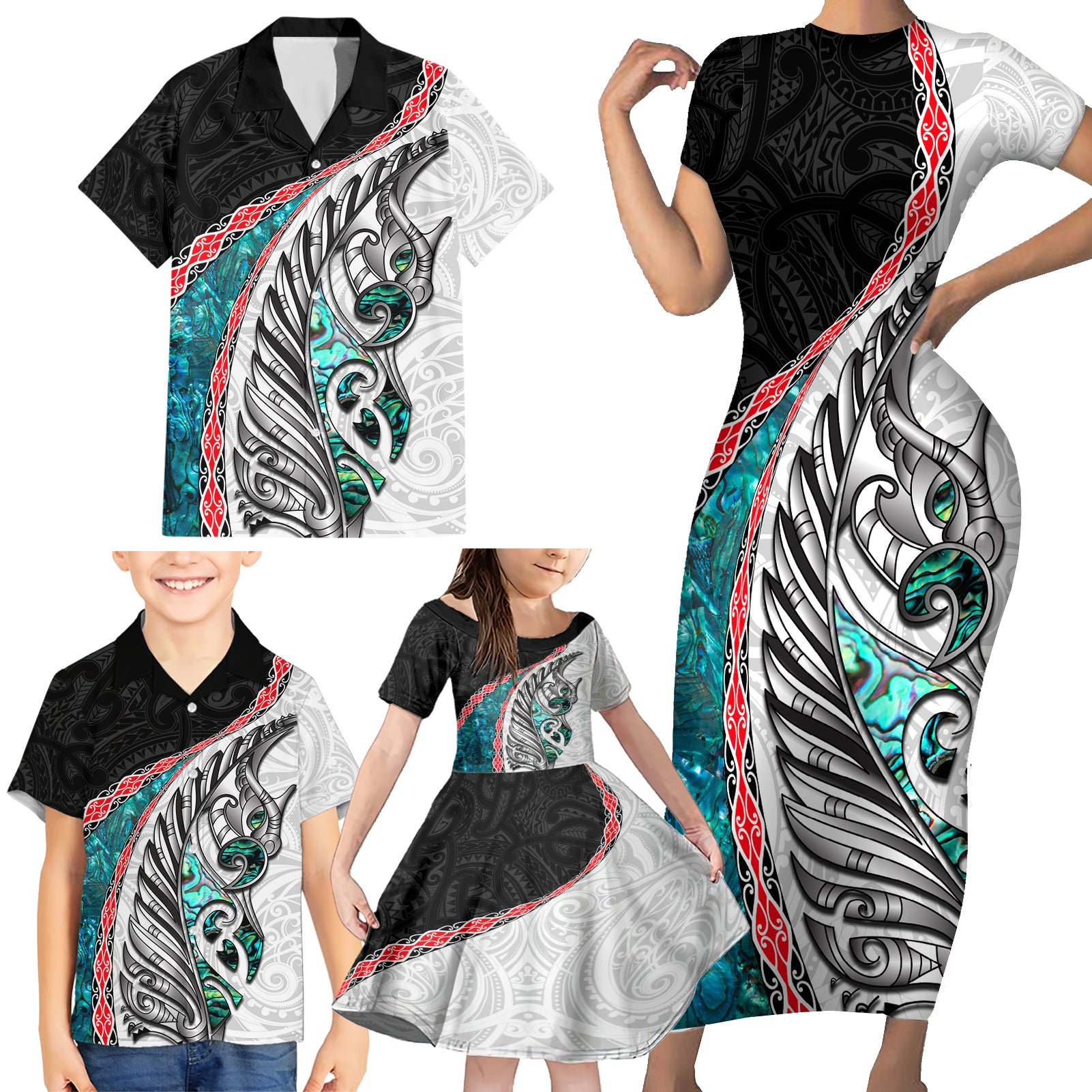 New Zealand Family Matching Short Sleeve Bodycon Dress and Hawaiian Shirt Manaia Fern and Koru Maori Pattern LT03 - Polynesian Pride