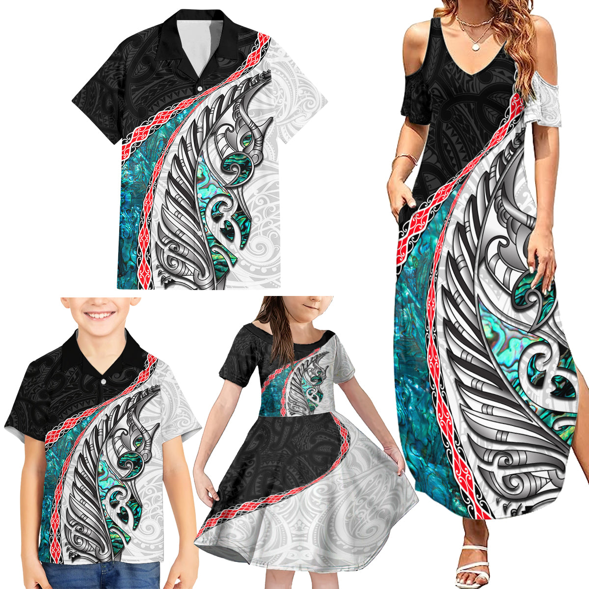 New Zealand Family Matching Summer Maxi Dress and Hawaiian Shirt Manaia Fern and Koru Maori Pattern LT03 - Polynesian Pride