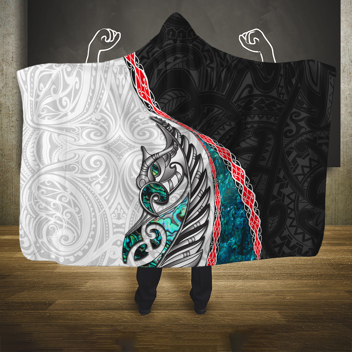New Zealand Hooded Blanket Manaia Fern and Koru Maori Pattern LT03 One Size Black - Polynesian Pride