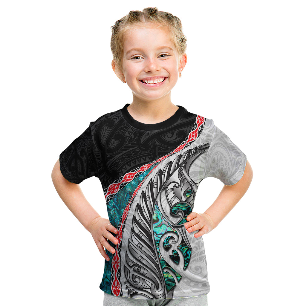 New Zealand Kid T Shirt Manaia Fern and Koru Maori Pattern LT03 Black - Polynesian Pride