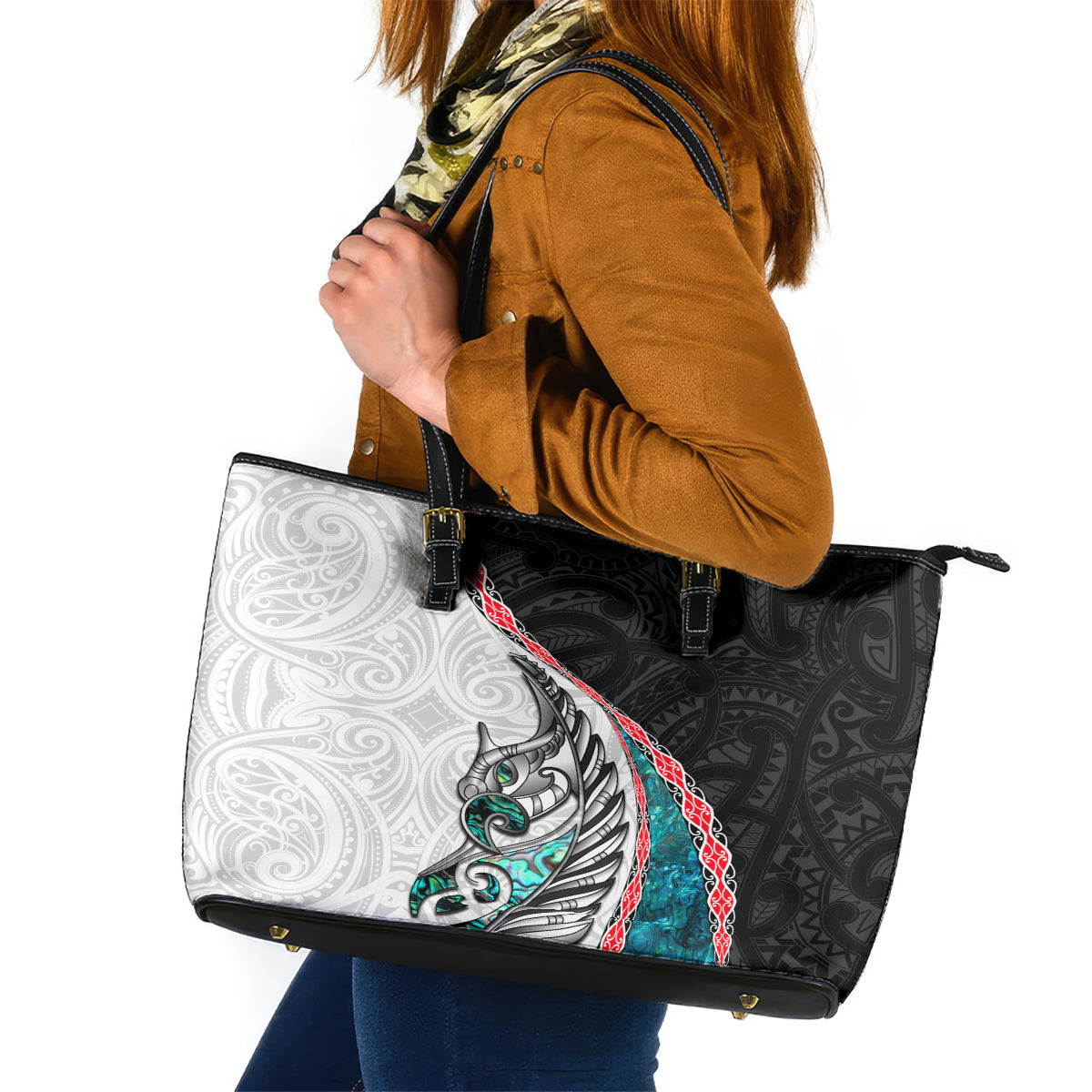 New Zealand Leather Tote Bag Manaia Fern and Koru Maori Pattern LT03 Black - Polynesian Pride