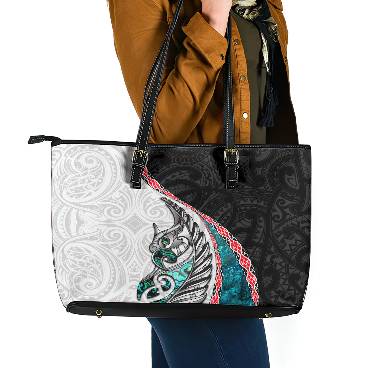 New Zealand Leather Tote Bag Manaia Fern and Koru Maori Pattern LT03 - Polynesian Pride