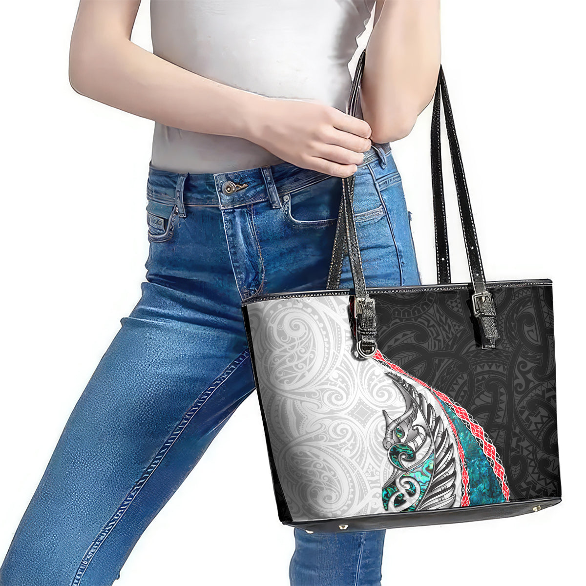 New Zealand Leather Tote Bag Manaia Fern and Koru Maori Pattern LT03 - Polynesian Pride