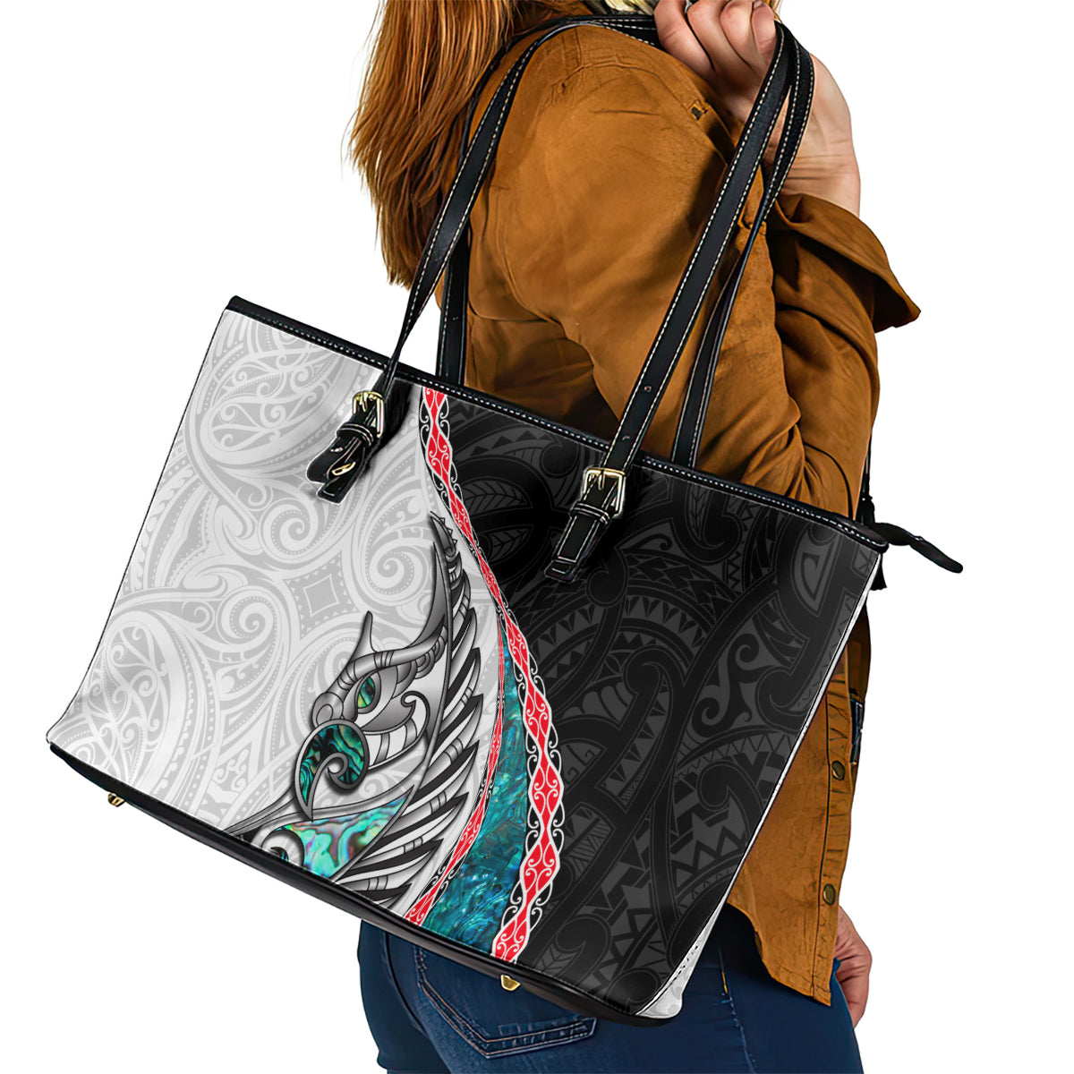 New Zealand Leather Tote Bag Manaia Fern and Koru Maori Pattern LT03 - Polynesian Pride