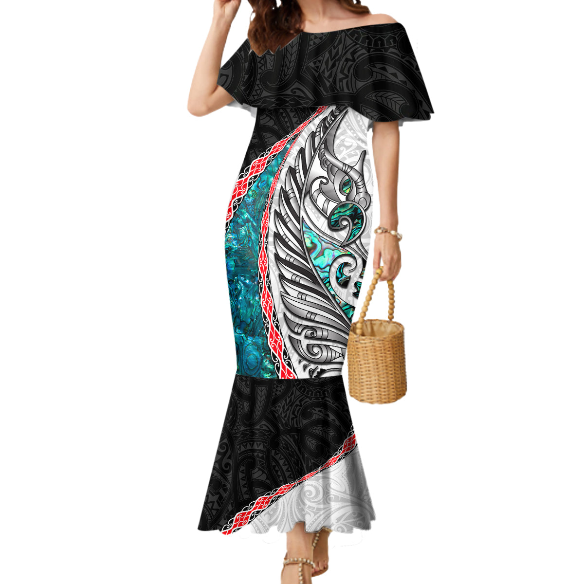 New Zealand Mermaid Dress Manaia Fern and Koru Maori Pattern LT03 Women Black - Polynesian Pride