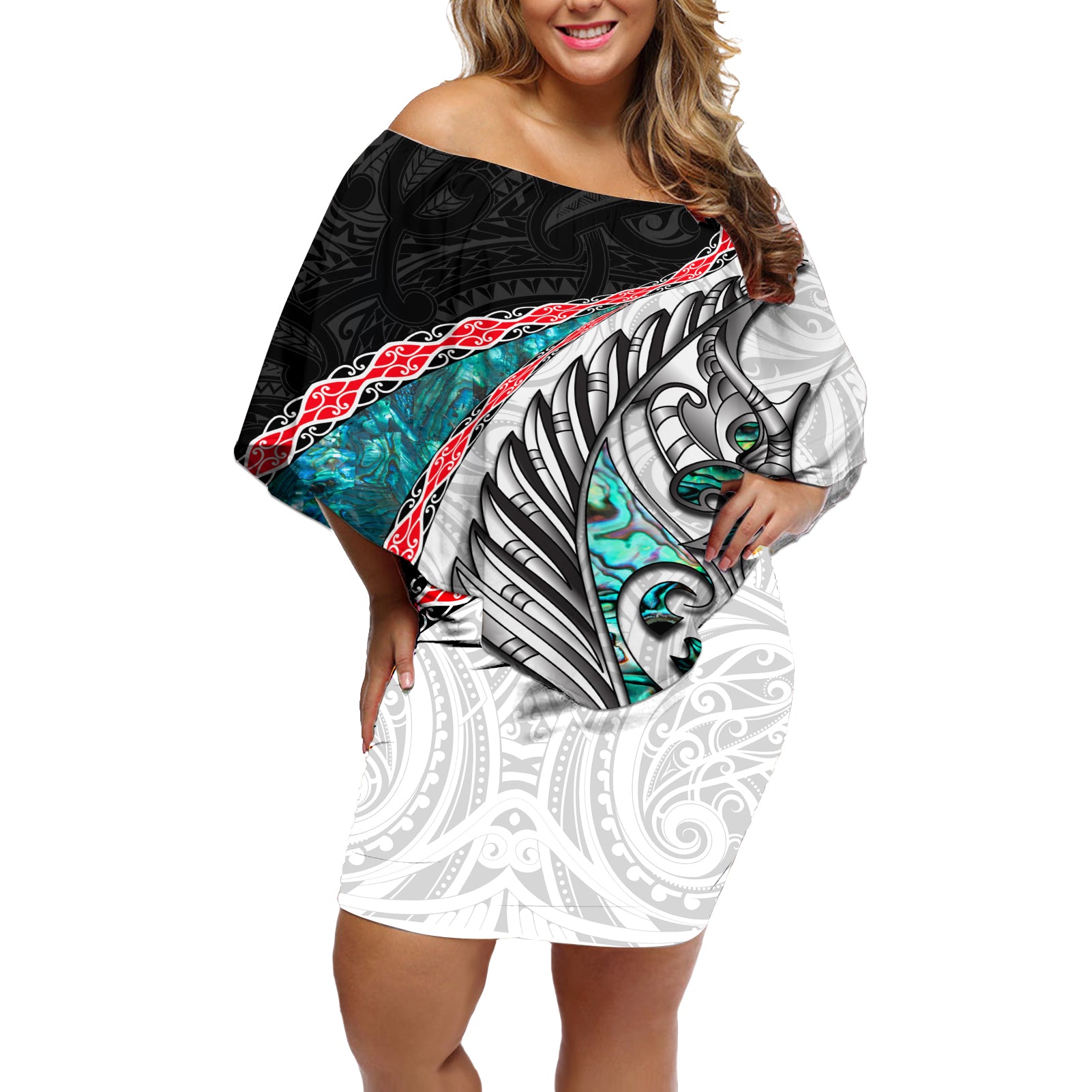 New Zealand Off Shoulder Short Dress Manaia Fern and Koru Maori Pattern LT03 Women Black - Polynesian Pride