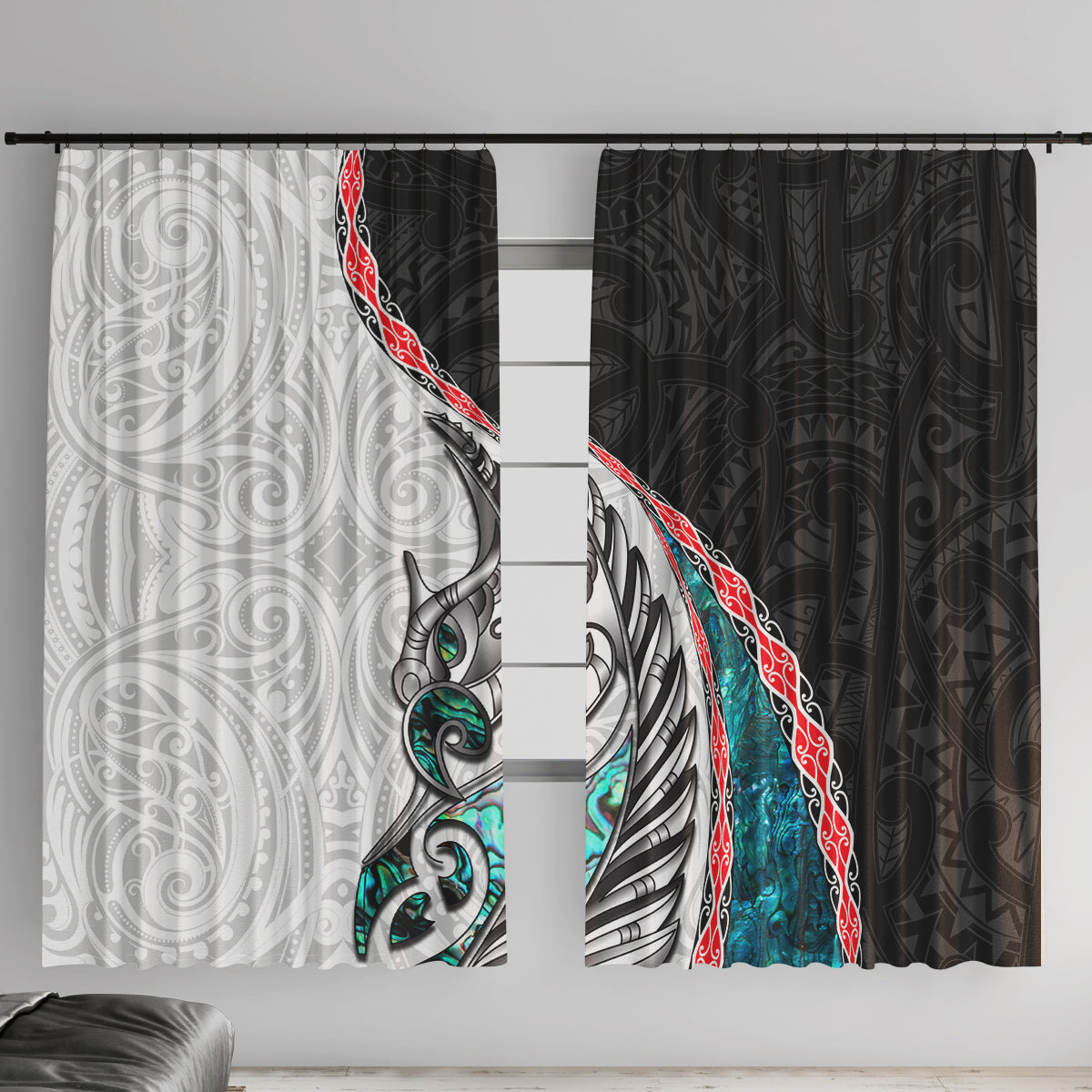 New Zealand Window Curtain Manaia Fern and Koru Maori Pattern LT03 With Hooks Black - Polynesian Pride
