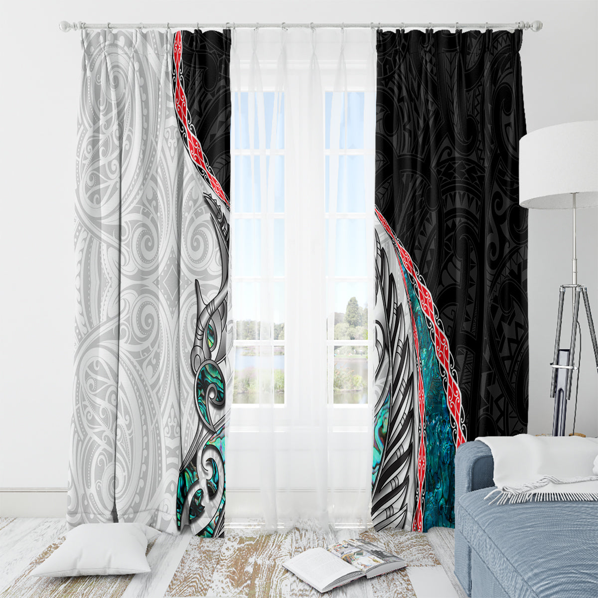 New Zealand Window Curtain Manaia Fern and Koru Maori Pattern LT03 - Polynesian Pride