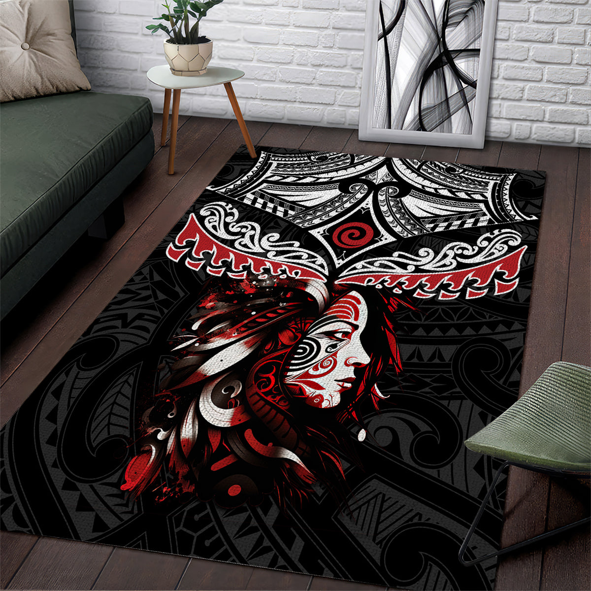 New Zealand Maori Girl Area Rug Silver Fern and Koru Pattern