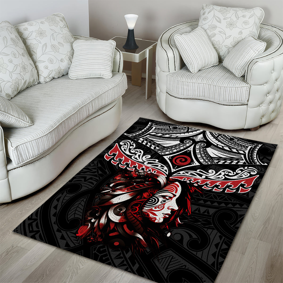 New Zealand Maori Girl Area Rug Silver Fern and Koru Pattern