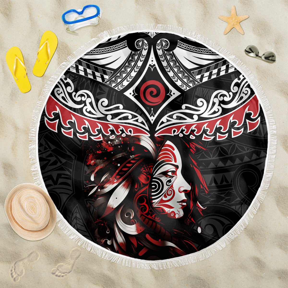 New Zealand Maori Girl Beach Blanket Silver Fern and Koru Pattern