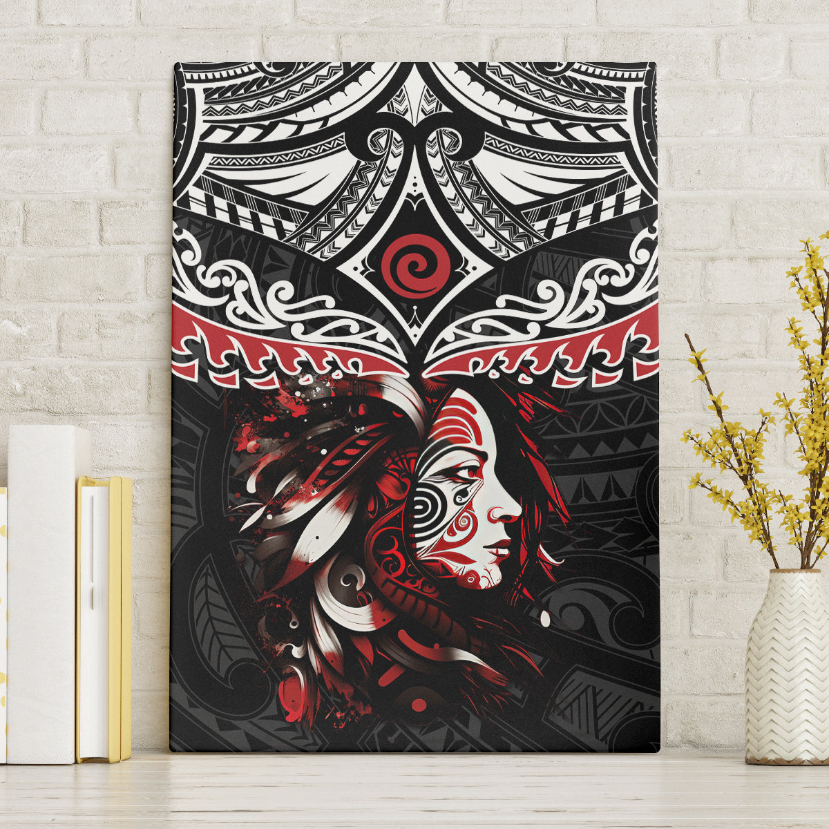 New Zealand Maori Girl Canvas Wall Art Silver Fern and Koru Pattern LT03 Without Frame Black - Polynesian Pride