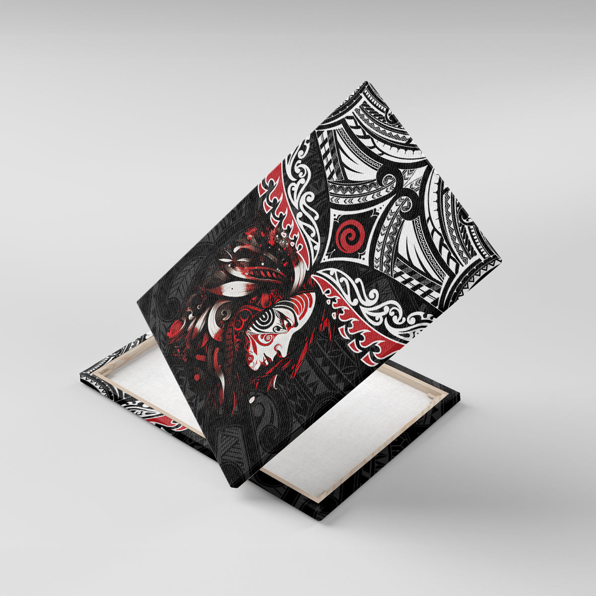 New Zealand Maori Girl Canvas Wall Art Silver Fern and Koru Pattern LT03 With Frame Black - Polynesian Pride
